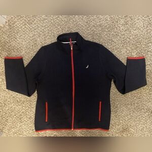 Nautica Jeans Piping-Trim Women’s Navy Blue/Red Sweater-Fleece Jacket Size